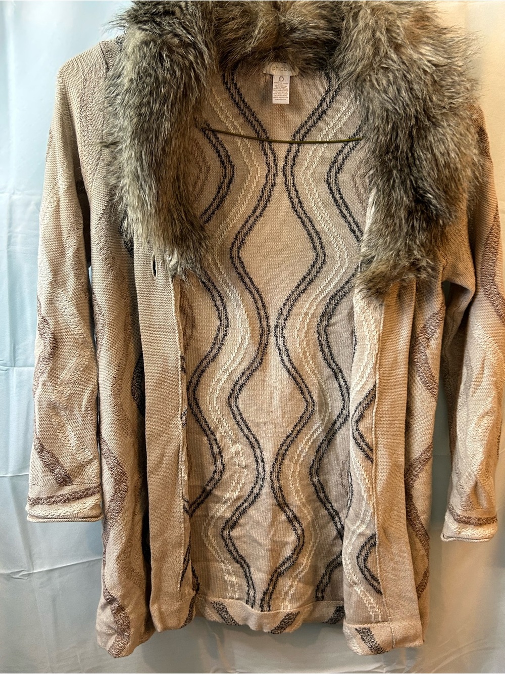 Chico's Tan Knit Cardigan with Faux-Fur Trim